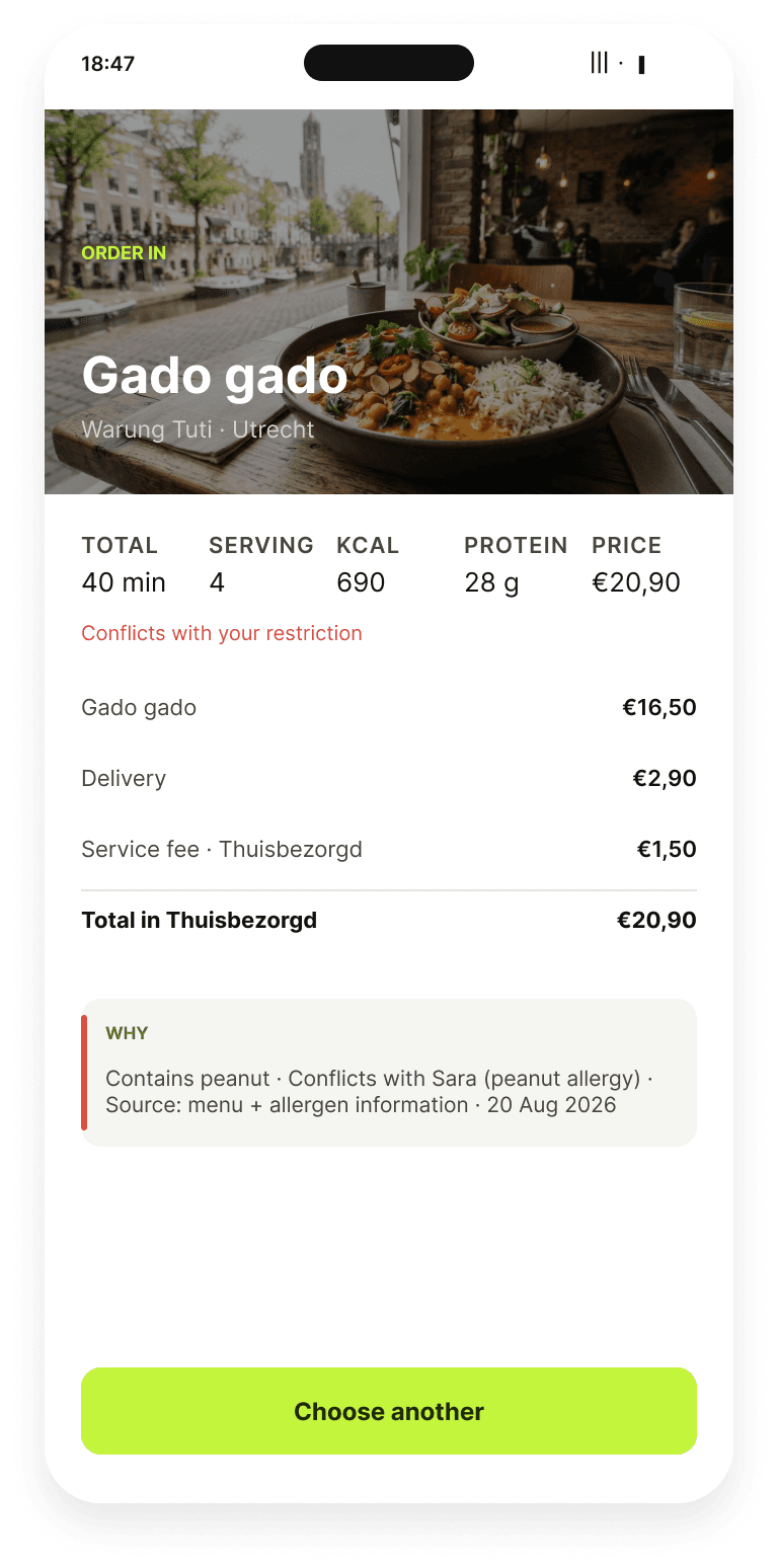 A different dish in the Fuda app marked conflicts with your restriction, with the reason given: contains peanut, conflicts with Sara's peanut allergy, from the menu and allergen information.