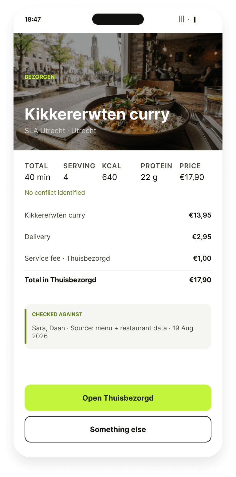 The Fuda app showing an order-in dish with its full price breakdown, marked no conflict identified, and the household members and sources it was checked against.