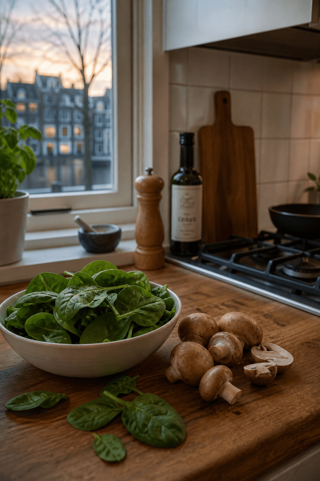 Spinach and mushrooms in focus for tonight’s meal