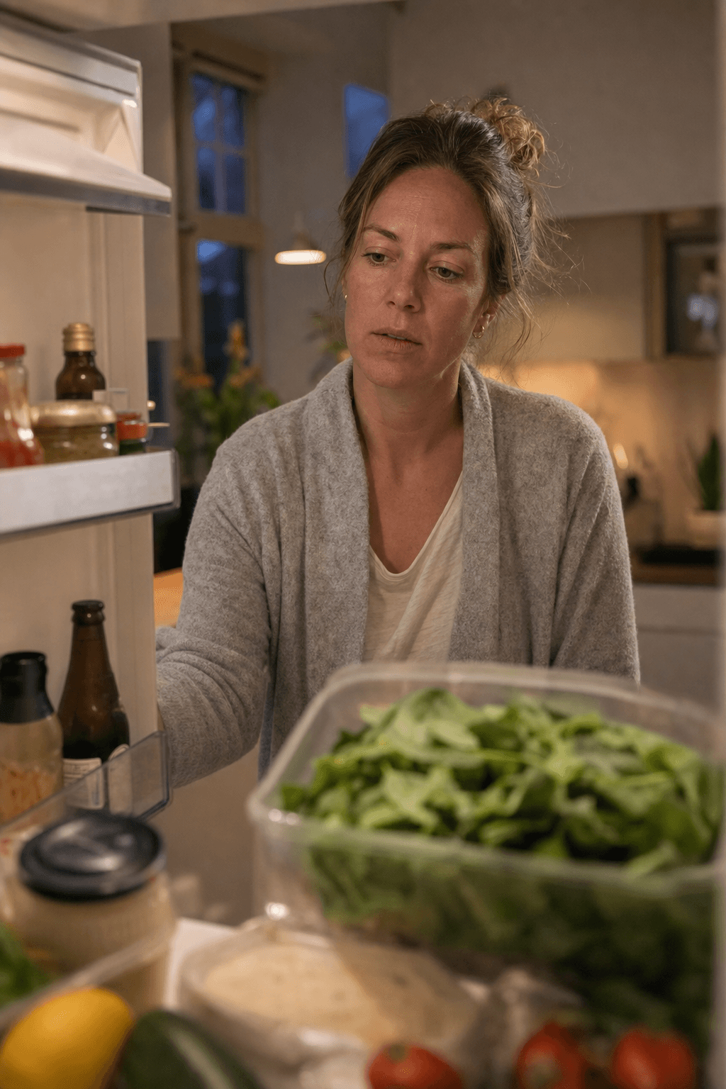 Looking past spinach in the fridge as evenings pass