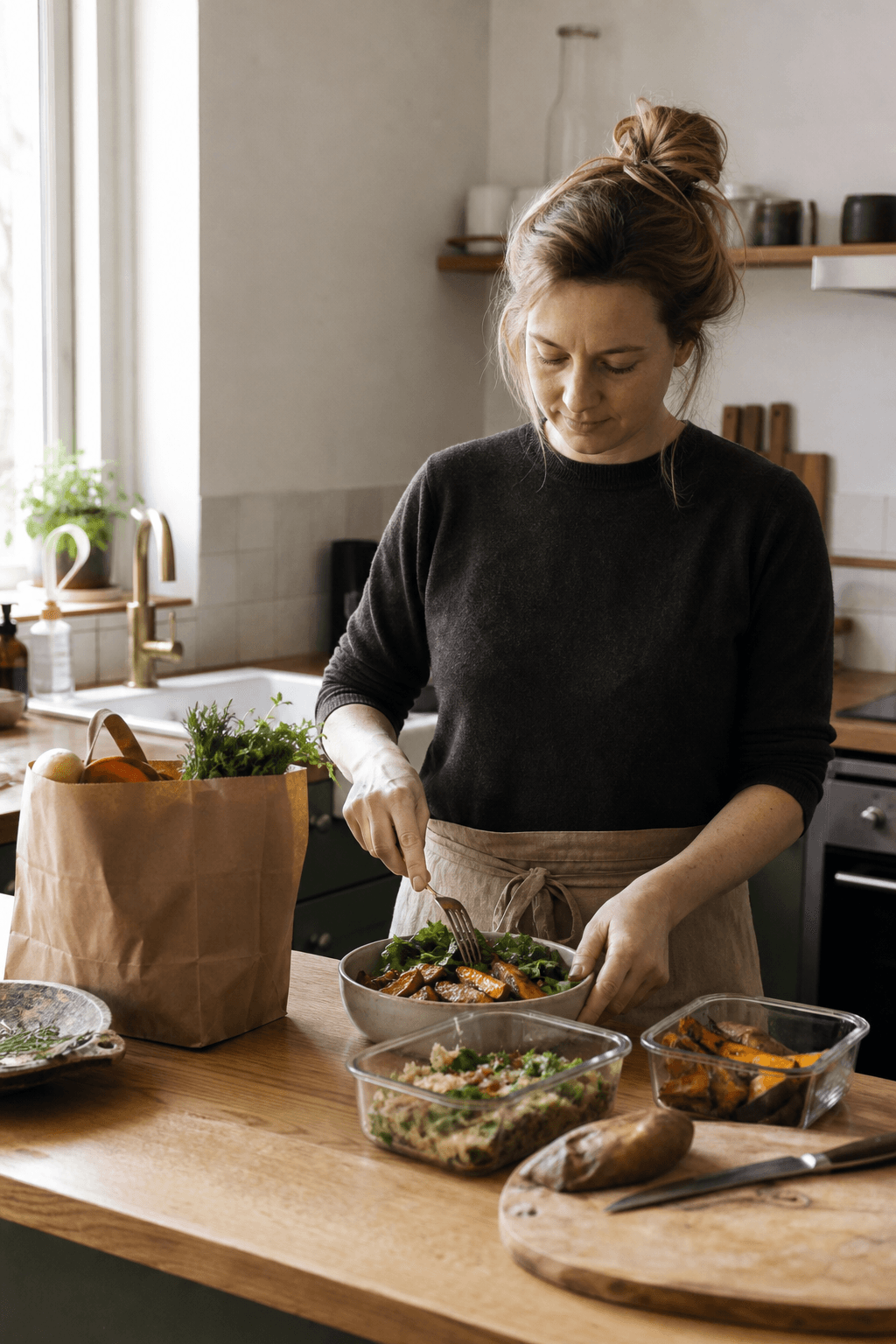 Small grocery bag and leftovers reused into another meal