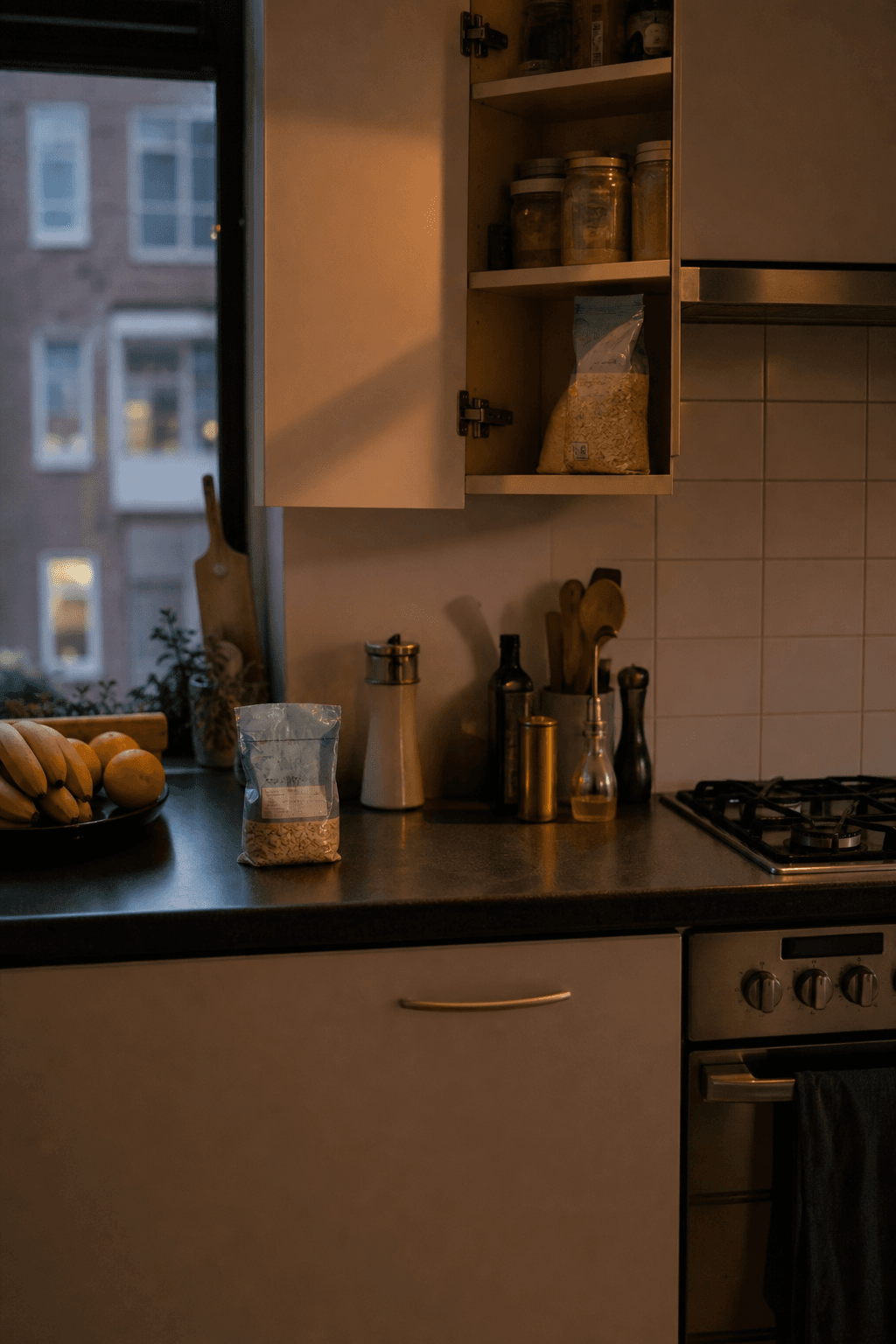 A duplicate grocery item beside one already in the cupboard