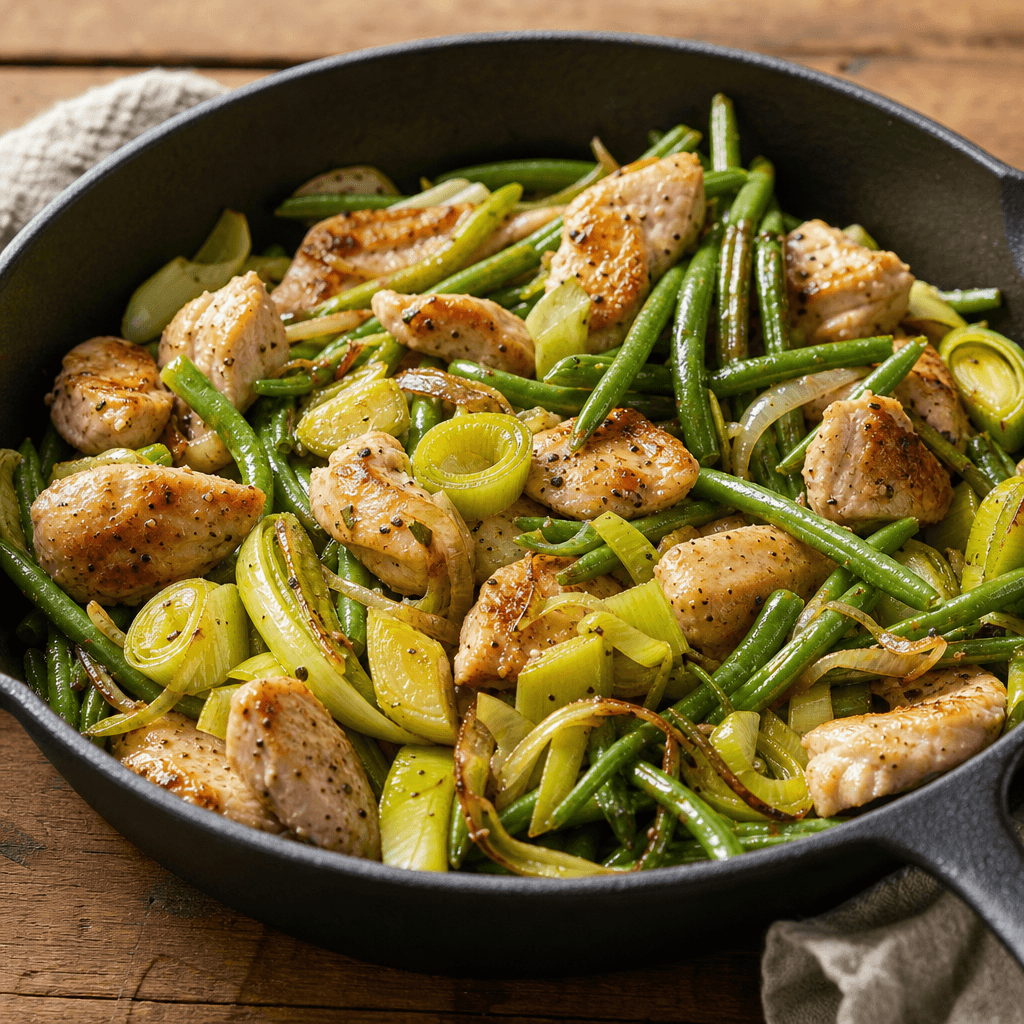 Chicken, leek and green bean skillet