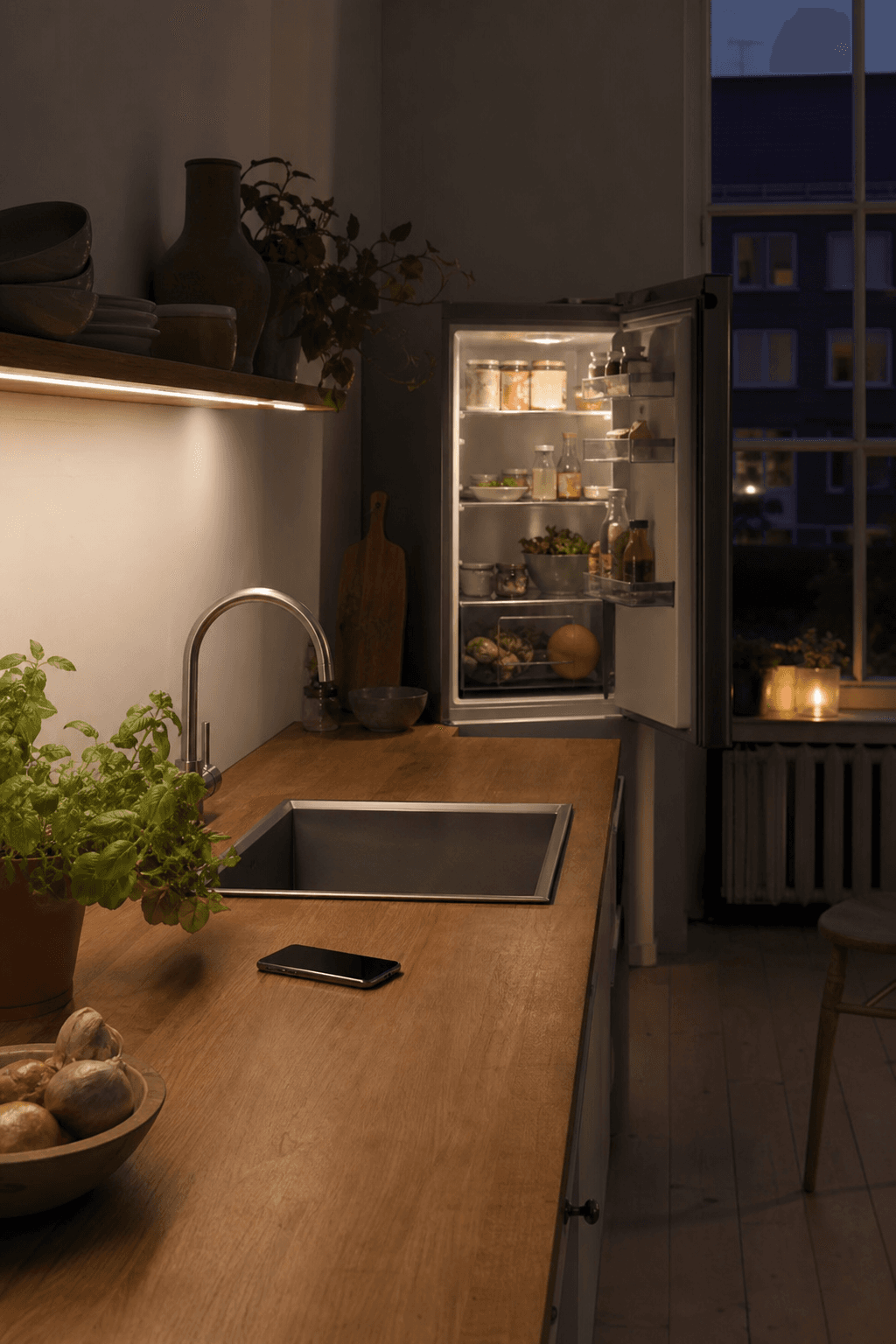Quiet kitchen with only the real evening context left