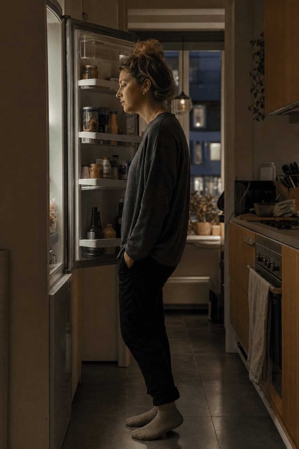 Standing in front of an open fridge in the evening loop