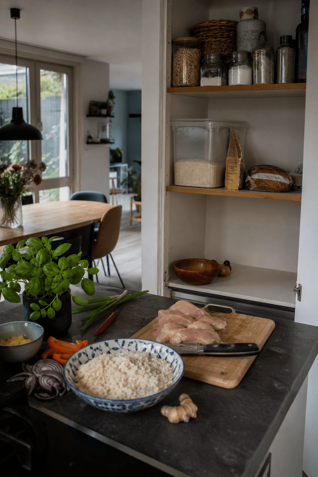 Chosen dinner, pantry and missing ingredients as one connected scene