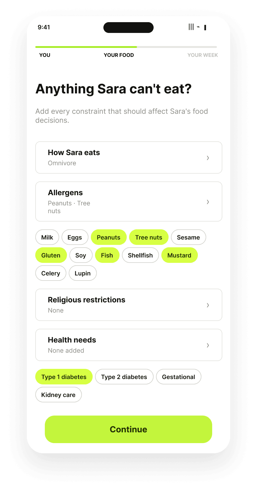 The Fuda app recording one person's restrictions: how Sara eats, her allergens with peanuts, tree nuts, gluten, fish and mustard selected, religious restrictions, and health needs with type 1 diabetes selected.