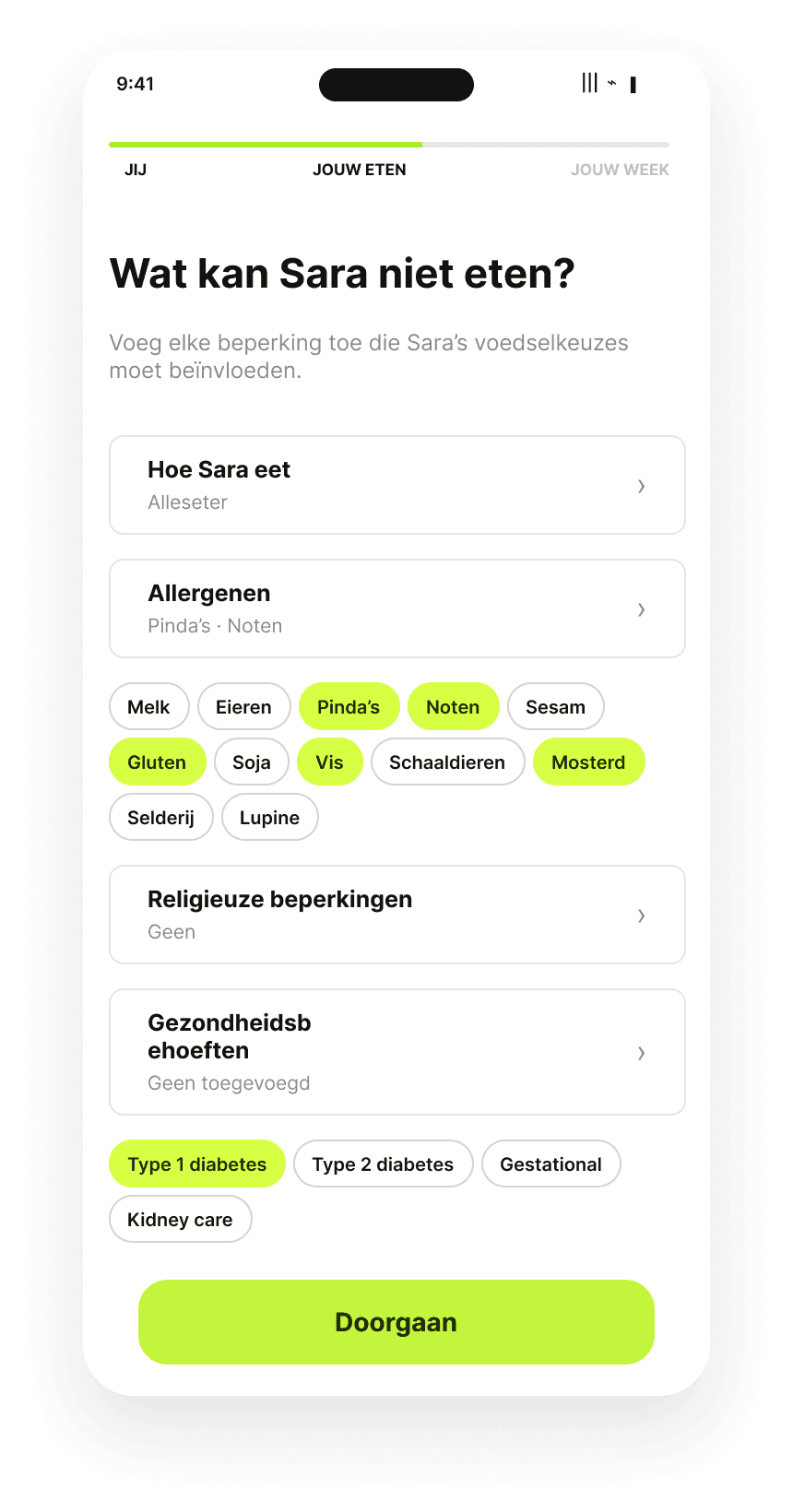 De Fuda-app waarin de beperkingen van één persoon worden vastgelegd: hoe Sara eet, haar allergenen met pinda's, noten, gluten, vis en mosterd aangevinkt, religieuze beperkingen, en gezondheidsbehoeften met diabetes type 1 aangevinkt.