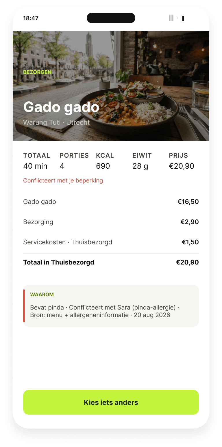 Een ander gerecht in de Fuda-app met de melding conflicteert met je beperking, met de reden erbij: bevat pinda, conflicteert met Sara's pinda-allergie, uit het menu en de allergenen-informatie.