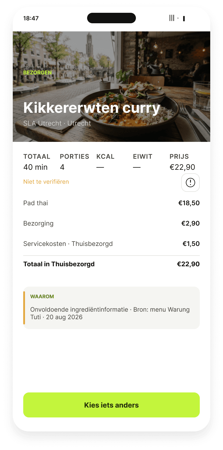 Hetzelfde gerecht in de Fuda-app met de melding niet te verifiëren, kcal en eiwit leeg gelaten, en de reden erbij: onvoldoende ingrediëntinformatie.