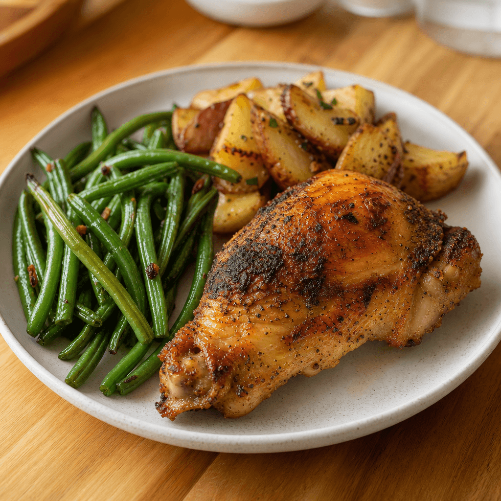 Home-cooked dinner with chicken and green beans