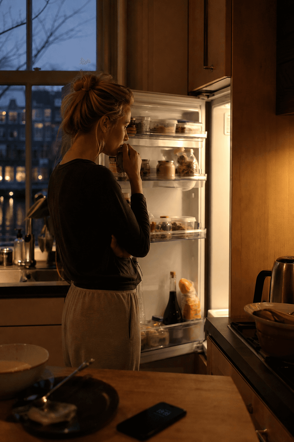 Quiet kitchen moment at the open fridge when dinner decisions are real