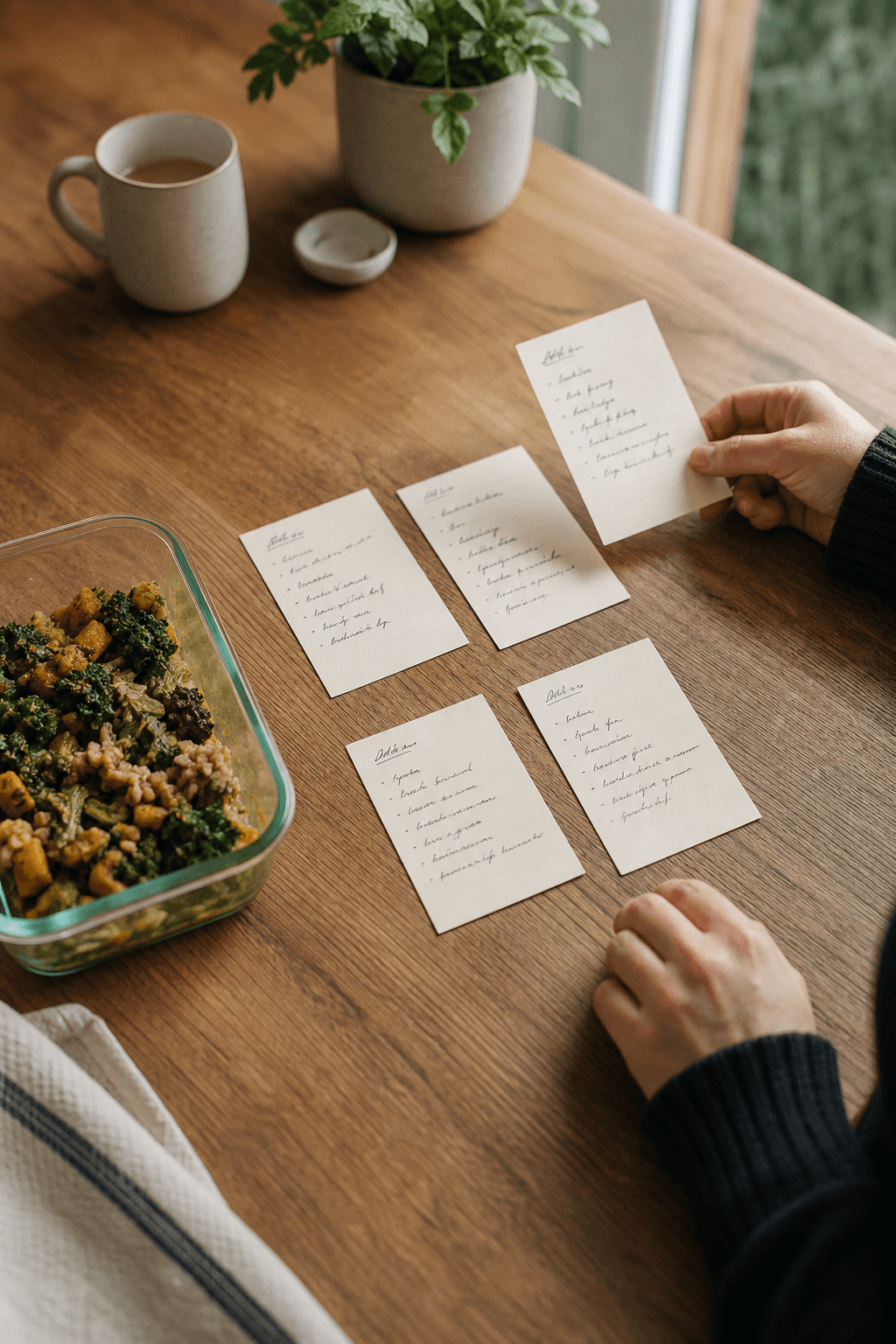 A flexible sequence of day cards on a kitchen table instead of a rigid calendar