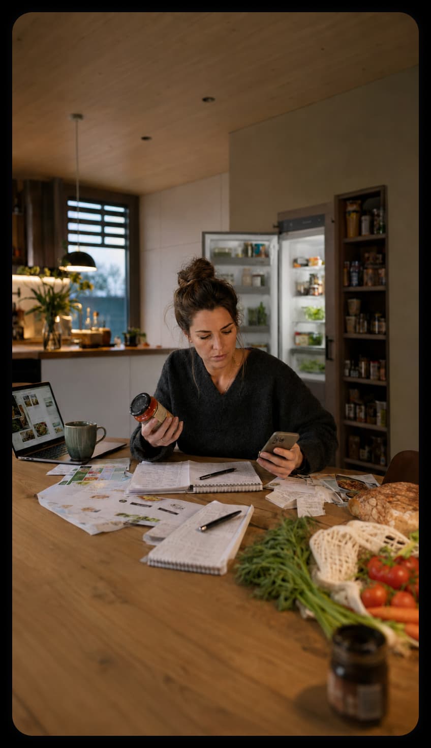 Person overwhelmed by paperwork and receipts in the kitchen