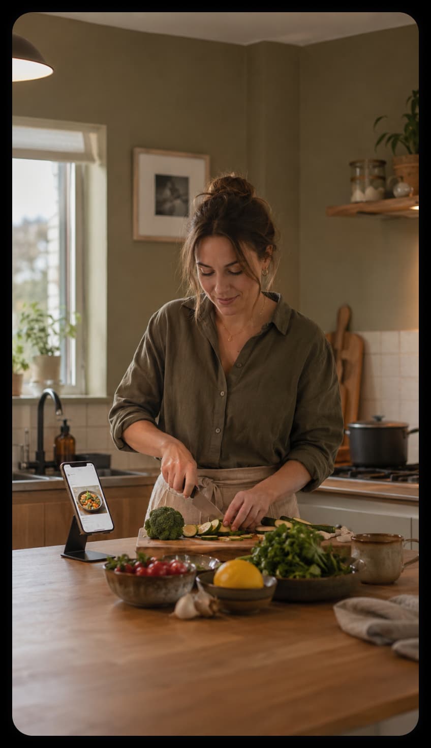 Person calmly preparing food in a bright kitchen