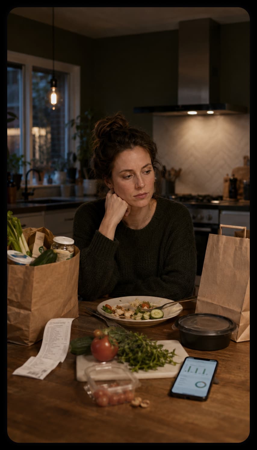 Person at a kitchen table with groceries and receipts