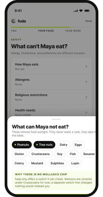 The fuda app asking what Maya can’t eat, with peanuts and tree nuts selected.
