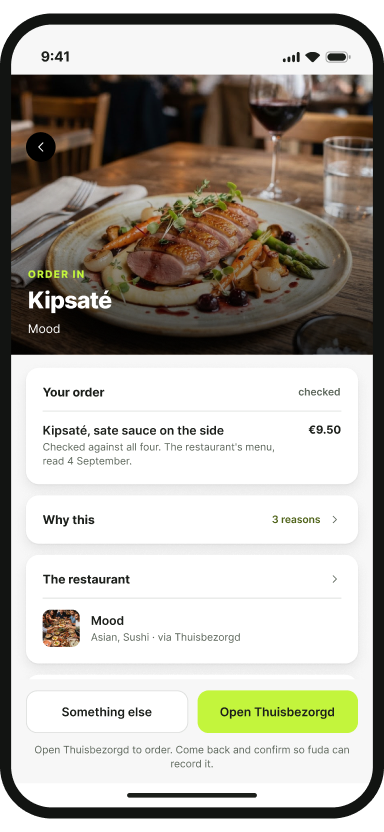 The fuda app showing a Thuisbezorgd order from Mood and why it fits.