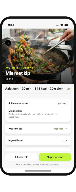 De fuda-app met noedels met kip en wat fuda controleerde.