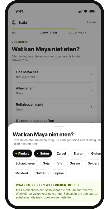 De fuda-app die vraagt wat Maya niet kan eten, met pinda’s en noten aangevinkt.