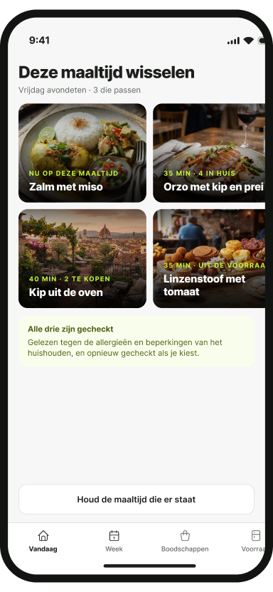 De fuda-app met vier maaltijden die in de plaats passen.