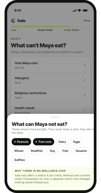 The fuda app asking what Maya can’t eat, with peanuts and tree nuts selected.