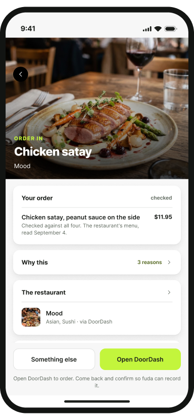 The fuda app showing a Thuisbezorgd order from Mood and why it fits.
