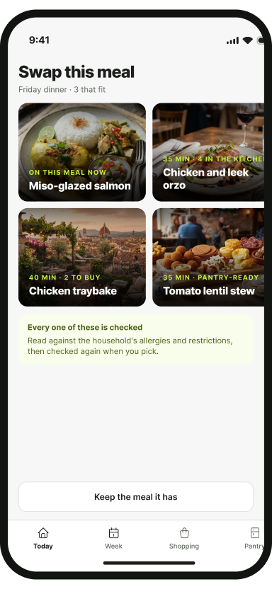 The fuda app showing four meals that fit instead.